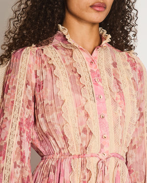 Zimmermann Pink Floral Viscose Long-Sleeve Floral Midi Dress with Lace Details Size 0 (UK 8)