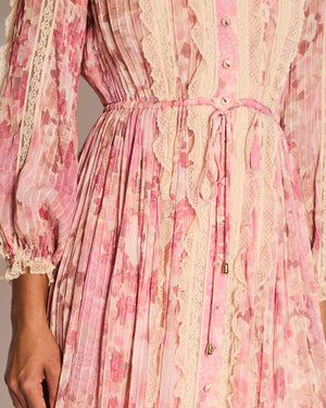 Zimmermann Pink Floral Viscose Long-Sleeve Floral Midi Dress with Lace Details Size 0 (UK 8)