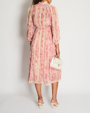 Zimmermann Pink Floral Viscose Long-Sleeve Floral Midi Dress with Lace Details Size 0 (UK 8)