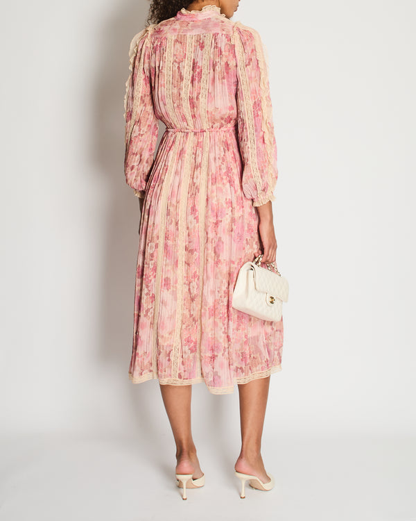 Zimmermann Pink Floral Viscose Long-Sleeve Floral Midi Dress with Lace Details Size 0 (UK 8)