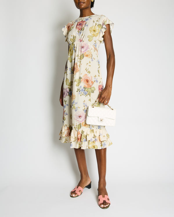 Zimmermann Beige Viscose Short-Sleeve Floral Midi Dress with Ruffle Details Size 0 (UK 8)