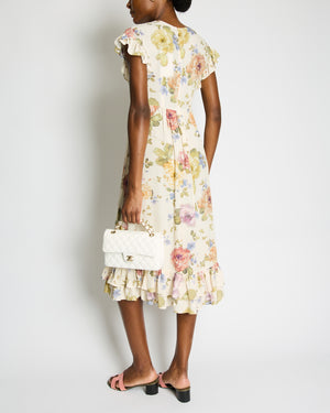 Zimmermann Beige Viscose Short-Sleeve Floral Midi Dress with Ruffle Details Size 0 (UK 8)