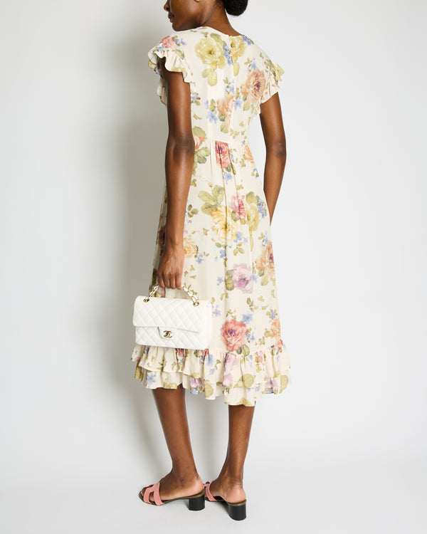 Zimmermann Beige Viscose Short-Sleeve Floral Midi Dress with Ruffle Details Size 0 (UK 8)