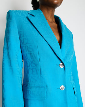 Versace x Dua Lipa Bright Blue La Vacanza 2023 Logo Printed Blazer Jacket and Mini Skirt Set Size IT 36 (UK 4) RRP £3,000