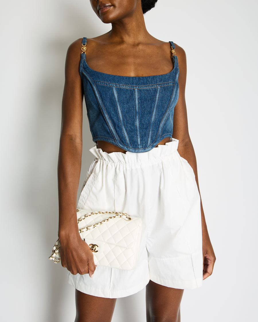 Versace Blue Denim Corset Bustier Top with Gold Medusa Details Size IT 42 (UK 10)