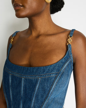 Versace Blue Denim Corset Bustier Top with Gold Medusa Details Size IT 42 (UK 10)