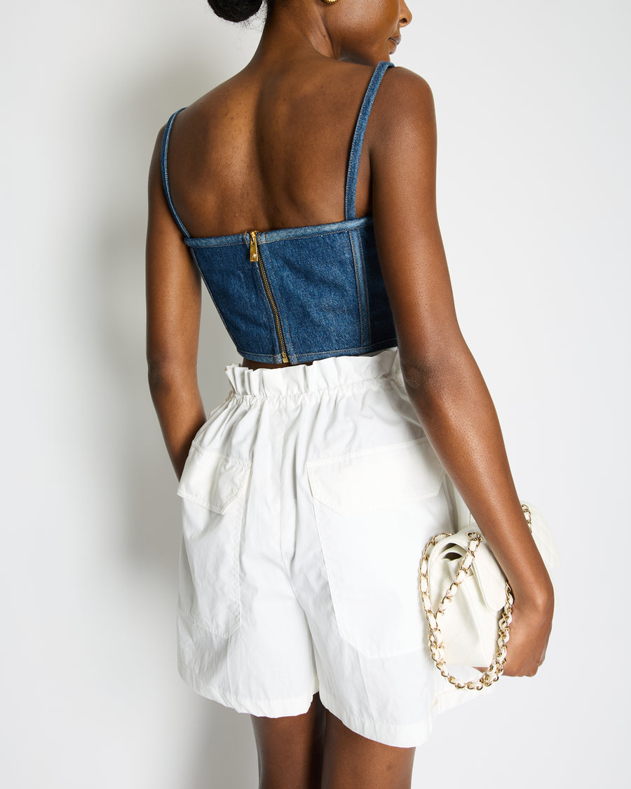 Versace Blue Denim Corset Bustier Top with Gold Medusa Details Size IT 42 (UK 10)