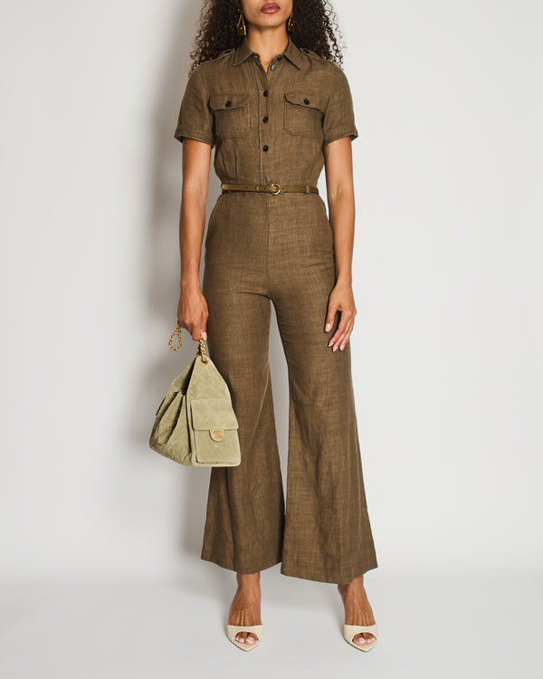Loro Piana Khaki Jumpsuit with a Khaki Leather Belt and Gold Loop Detail Size IT 40 (UK 8)