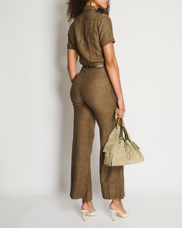 Loro Piana Khaki Jumpsuit with a Khaki Leather Belt and Gold Loop Detail Size IT 40 (UK 8)