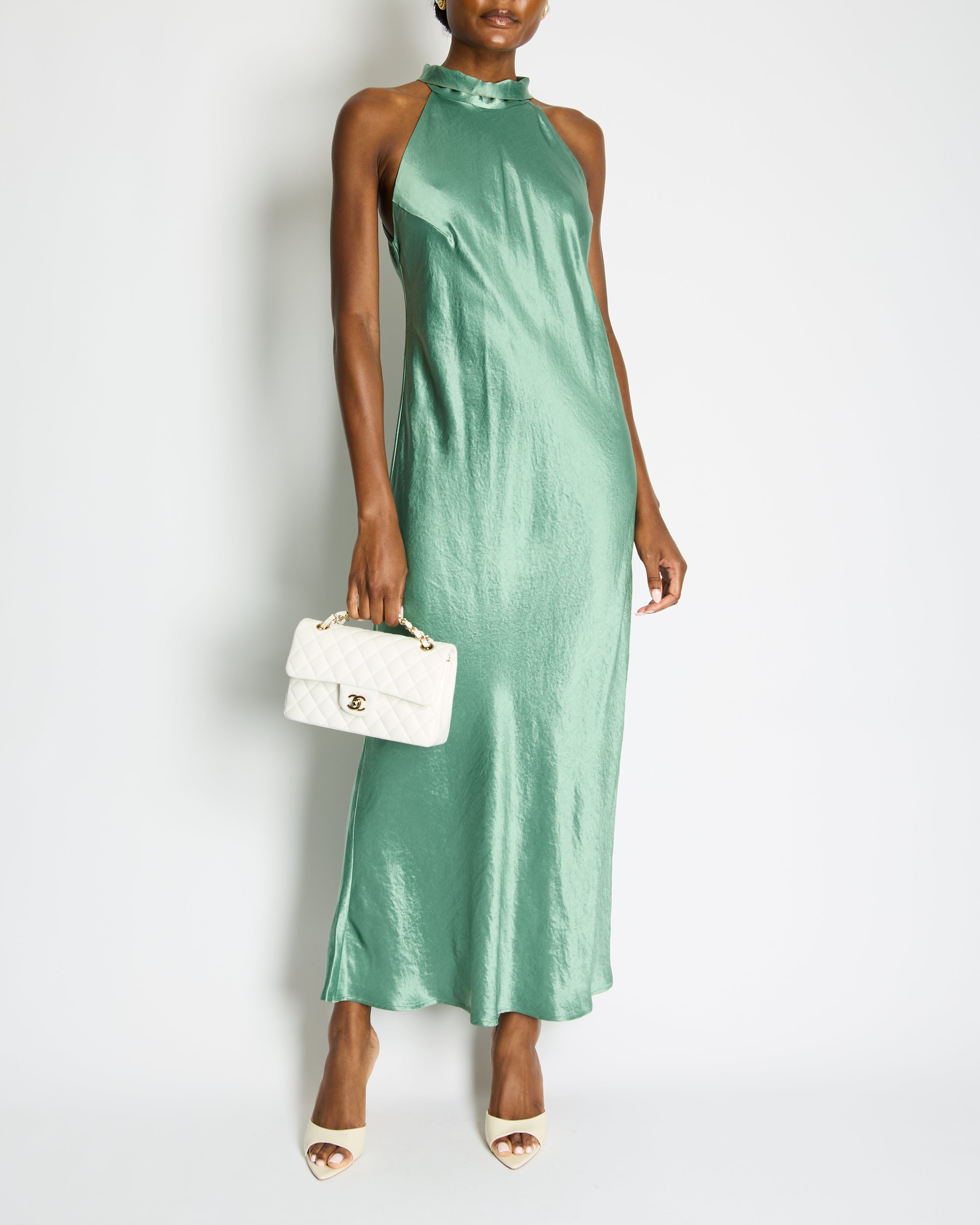 Galvan Green Silk Halter Neck Maxi Dress with Neck Tie Detail Size FR