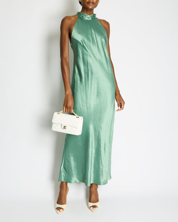 Galvan Green Silk Halter Neck Maxi Dress with Neck Tie Detail Size FR 44 (UK 16)