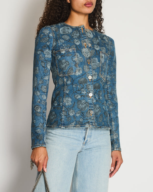 Chanel 21/A Flower Printed Denim Jacket with Silver CC Button Details Size FR 38 (UK 10)