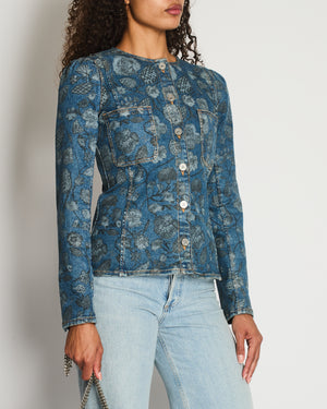 Chanel 21/A Flower Printed Denim Jacket with Silver CC Button Details Size FR 38 (UK 10)
