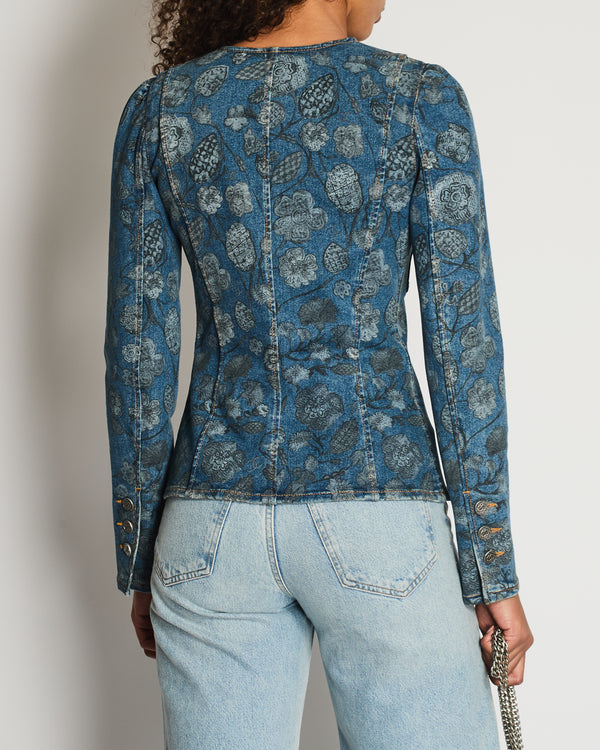 Chanel 21/A Flower Printed Denim Jacket with Silver CC Button Details Size FR 38 (UK 10)