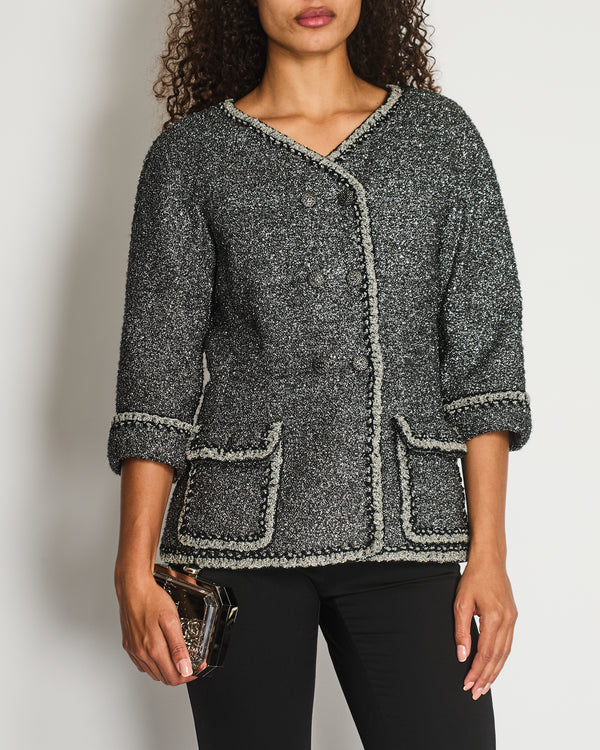 *HOT* Chanel 14/P La Petite Veste Noire Tweed Charcoal Grey Jacket with Silver Detail  Size FR 42 (UK 14)