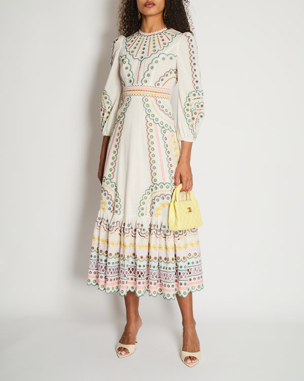 Zimmermann White Long Sleeve Embroidered Maxi Dress with Scalloped Hem Detail Size 0 (UK 8)