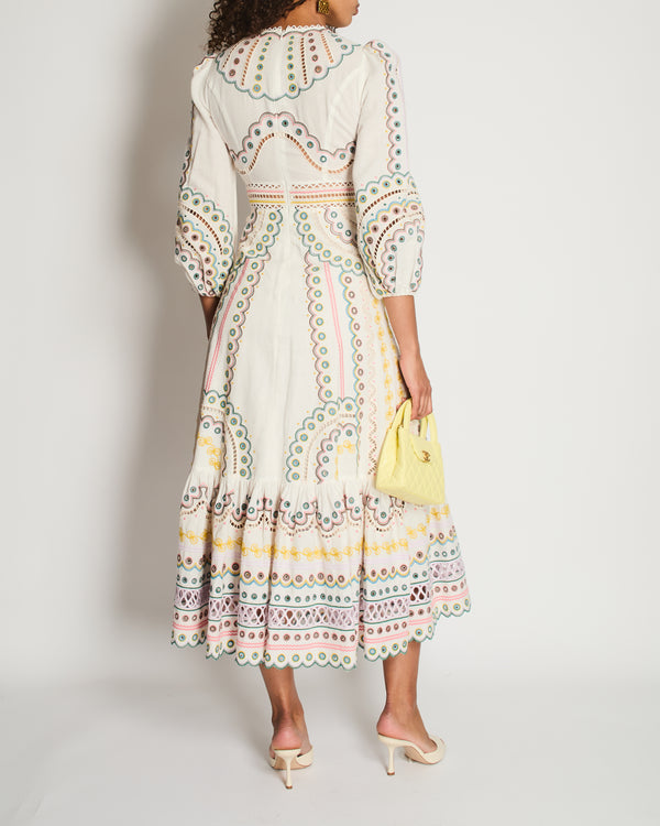 Zimmermann White Long Sleeve Embroidered Maxi Dress with Scalloped Hem Detail Size 0 (UK 8)