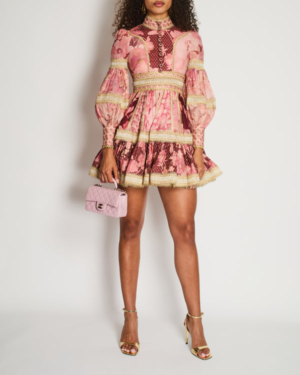 Zimmermann Pink Long Sleeve Floral Linen Dress with Gold Foiled Detail Size OP (UK 6P)