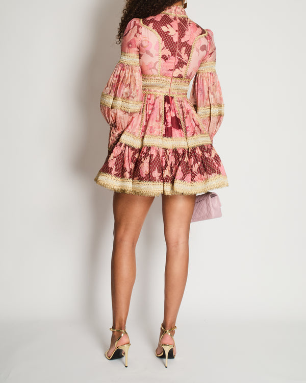 Zimmermann Pink Long Sleeve Floral Linen Dress with Gold Foiled Detail Size OP (UK 6P)