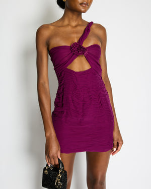 Magda Butrym Purple One-Shoulder Ruched Mini Dress with Floral Appliqué Detail Size FR 38 (UK 10)