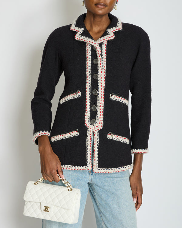 Chanel Navy Wool Long Sleeve Jacket with White and Red Trim, Double Pocket Detail and Ruthenium Logo Buttons Size FR 36 (UK 8)