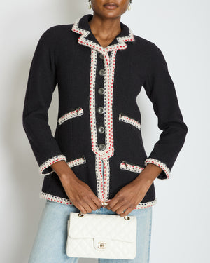 Chanel Navy Wool Long Sleeve Jacket with White and Red Trim, Double Pocket Detail and Ruthenium Logo Buttons Size FR 36 (UK 8)