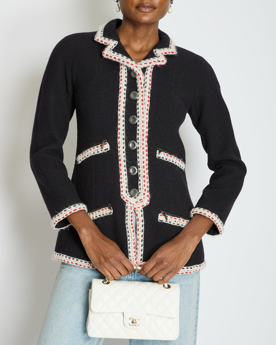 Chanel Navy Wool Long Sleeve Jacket with White and Red Trim, Double Pocket Detail and Ruthenium Logo Buttons Size FR 36 (UK 8)