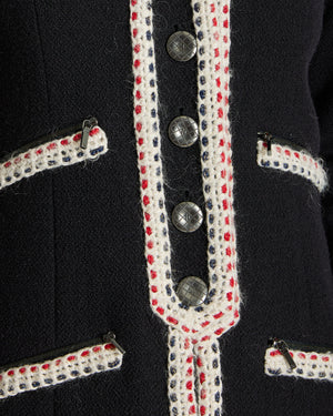 Chanel Navy Wool Long Sleeve Jacket with White and Red Trim, Double Pocket Detail and Ruthenium Logo Buttons Size FR 36 (UK 8)