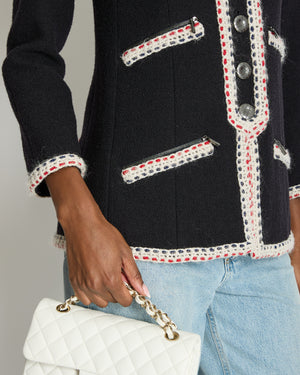 Chanel Navy Wool Long Sleeve Jacket with White and Red Trim, Double Pocket Detail and Ruthenium Logo Buttons Size FR 36 (UK 8)