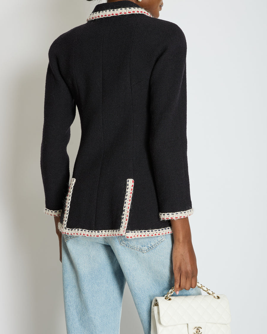 Chanel Navy Wool Long Sleeve Jacket with White and Red Trim, Double Pocket Detail and Ruthenium Logo Buttons Size FR 36 (UK 8)