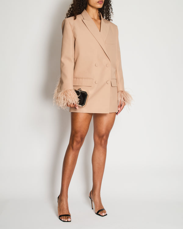 Valentino Beige Sand Feather Cuff Double-Breasted Blazer Size IT 42 (UK 10) RRP £3,800
