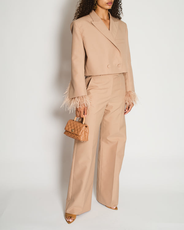 Valentino Beige Sand Feather Cuff Cropped Blazer and Trousers Set Size IT 42 (UK 10)