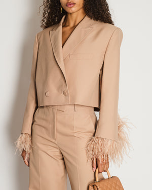 Valentino Beige Sand Feather Cuff Cropped Blazer and Trousers Set Size IT 42 (UK 10)