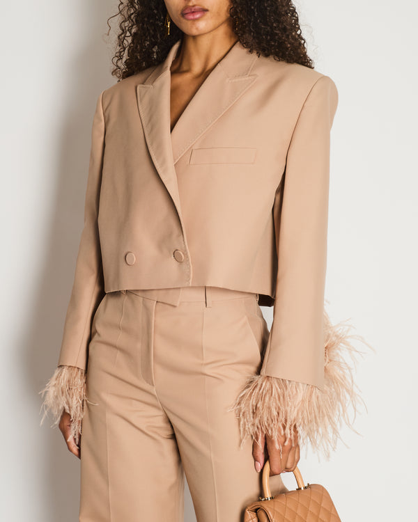 Valentino Beige Sand Feather Cuff Cropped Blazer and Trousers Set Size IT 42 (UK 10)