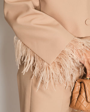 Valentino Beige Sand Feather Cuff Cropped Blazer and Trousers Set Size IT 42 (UK 10)