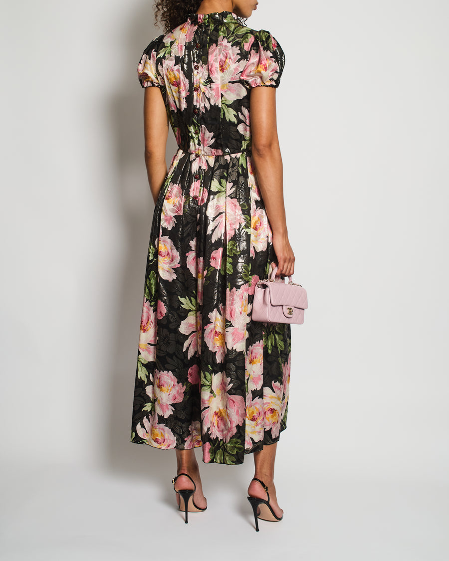Dolce & Gabbana Black and Pink Floral Short Sleeve Jumpsuit with Button Details Size IT 42 (UK 10)