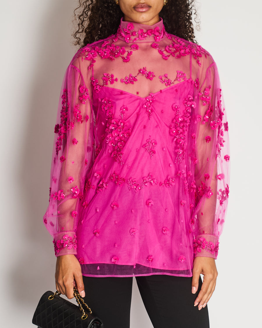 Valentino Hot Pink Tulle and Crystal Floral Embroidered Blouse Size IT 42 (UK 10)