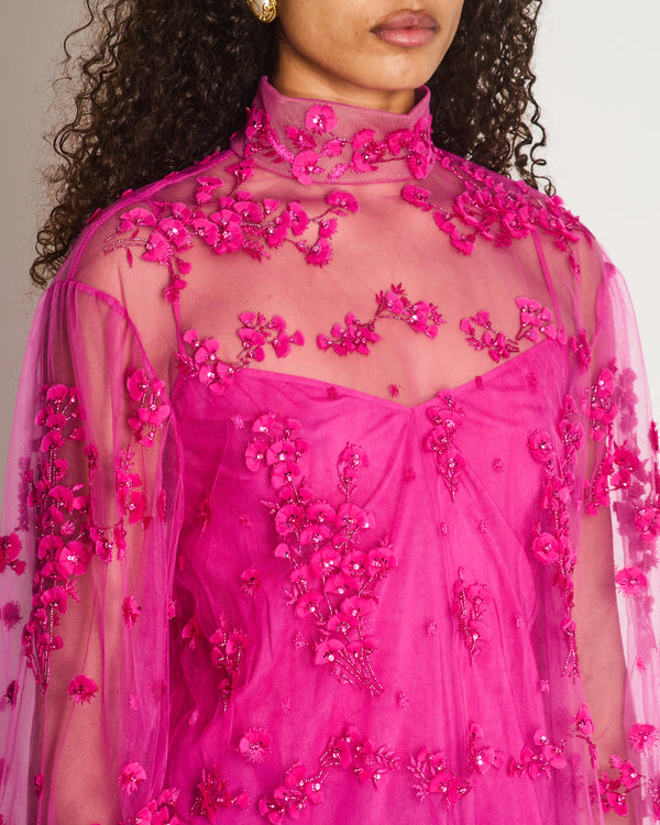Valentino Hot Pink Tulle and Crystal Floral Embroidered Blouse Size IT 42 (UK 10)