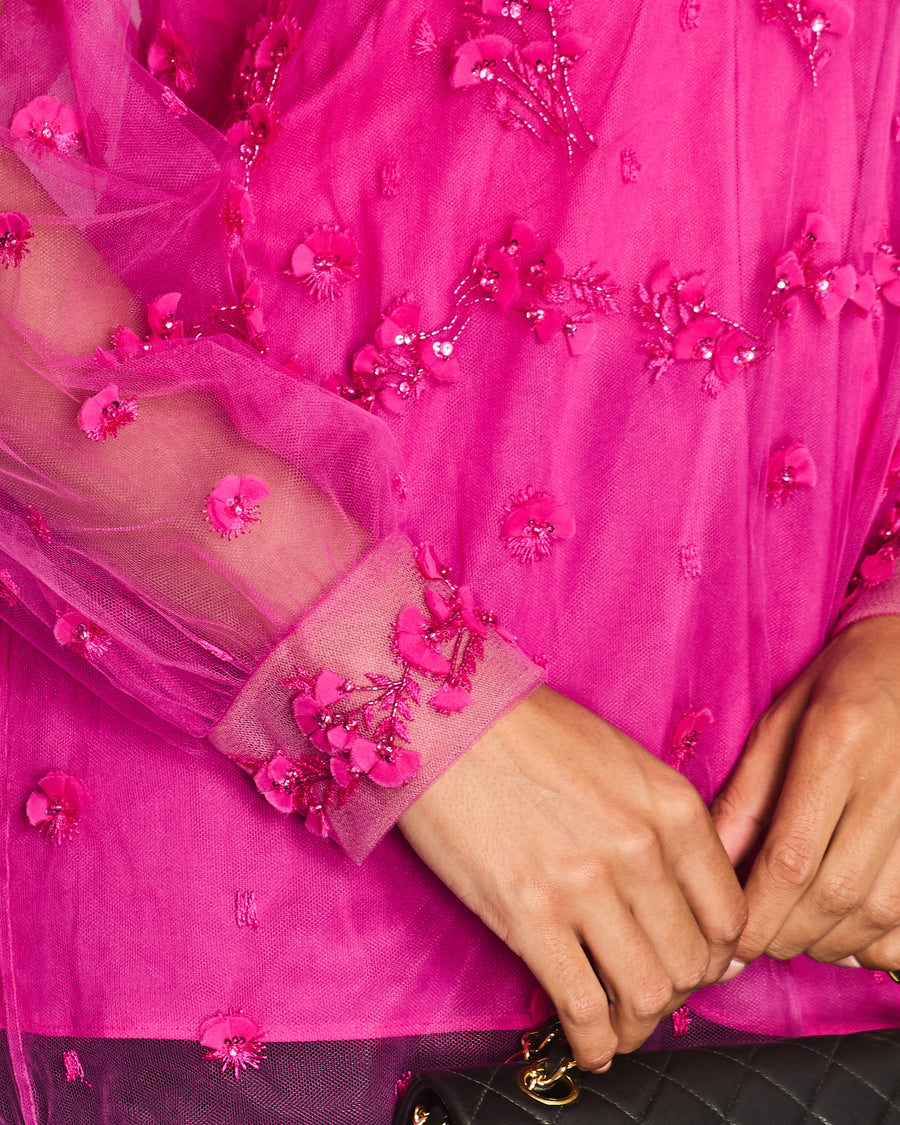 Valentino Hot Pink Tulle and Crystal Floral Embroidered Blouse Size IT 42 (UK 10)