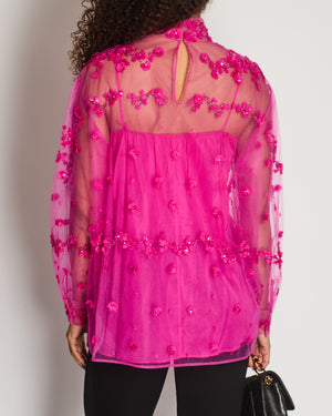 Valentino Hot Pink Tulle and Crystal Floral Embroidered Blouse Size IT 42 (UK 10)