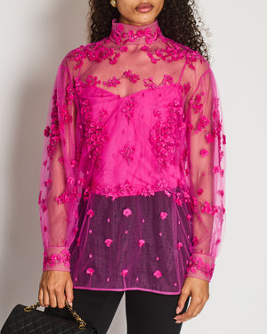 Valentino Hot Pink Tulle and Crystal Floral Embroidered Blouse Size IT 42 (UK 10)