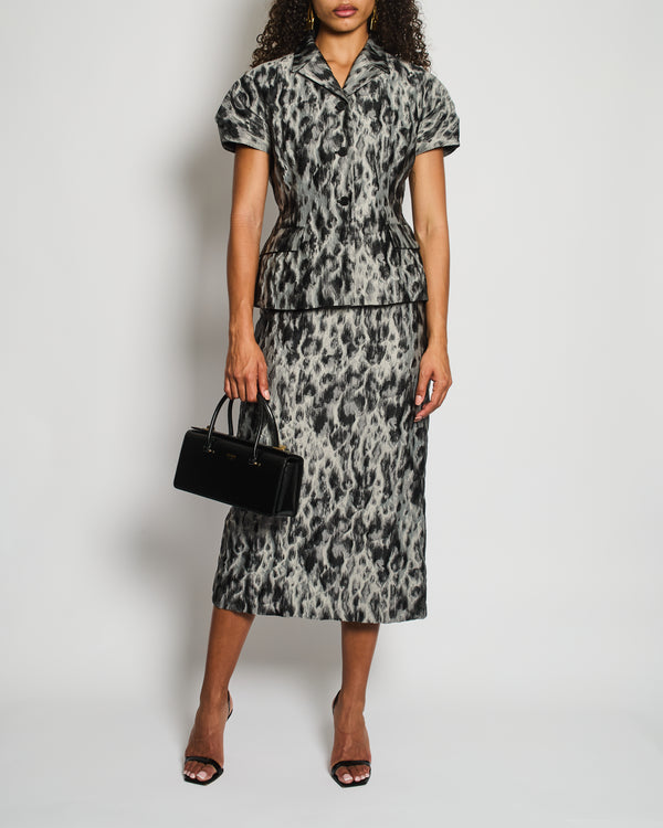 Christian Dior Grey and Black Leopard Short-Sleeve Jacket and Midi Skirt Set Size FR 42 (UK 14)