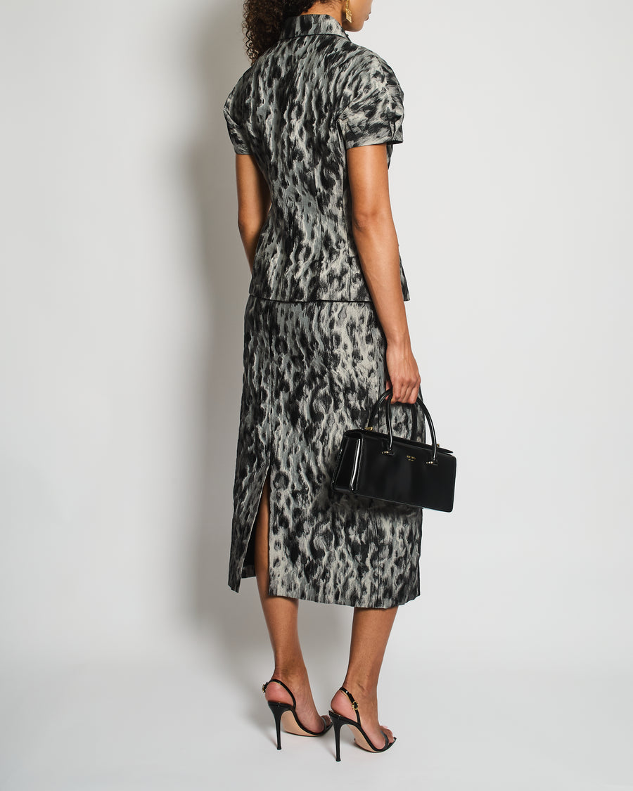 Christian Dior Grey and Black Leopard Short-Sleeve Jacket and Midi Skirt Set Size FR 42 (UK 14)