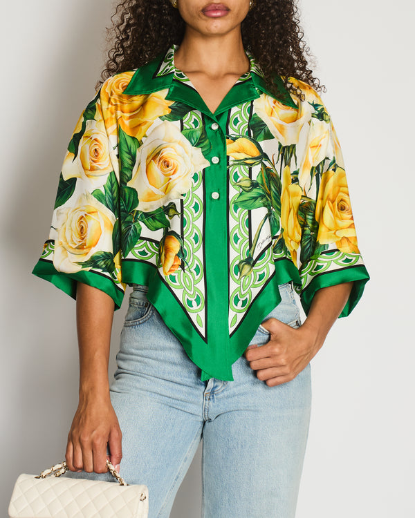 Dolce & Gabbana Green and Yellow Floral Silk Shirt with Tie-Knot Detail Size IT 42 (UK 10) RRP £1,200