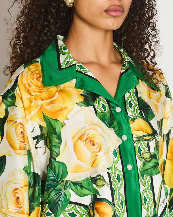 Dolce & Gabbana Green and Yellow Floral Silk Shirt with Tie-Knot Detail Size IT 42 (UK 10) RRP £1,200