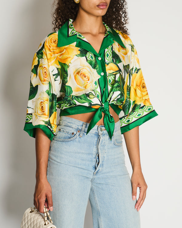 Dolce & Gabbana Green and Yellow Floral Silk Shirt with Tie-Knot Detail Size IT 42 (UK 10) RRP £1,200