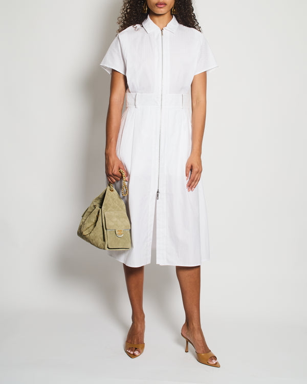 Hermès White H Printed Short-Sleeve Midi Dress with Zip Detailing Size FR 40 (UK 12)