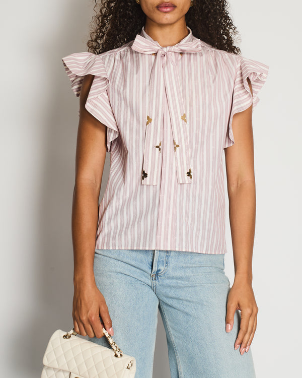 Louis Vuitton White and Burgundy Striped Monogram Printed Button Down Blouse Top with Gold Monogram Tie-Neck Detail Size FR 38 (UK 10)