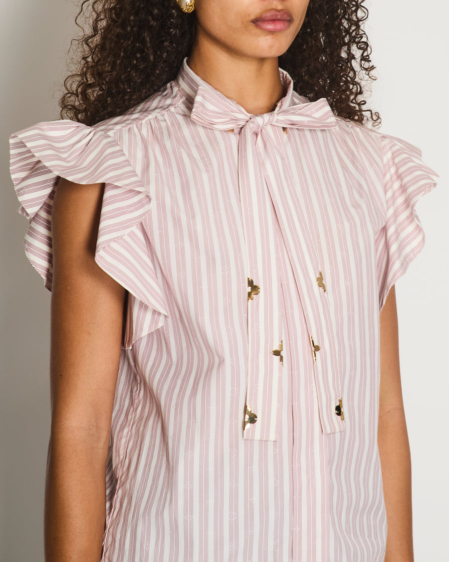 Louis Vuitton White and Burgundy Striped Monogram Printed Button Down Blouse Top with Gold Monogram Tie-Neck Detail Size FR 38 (UK 10)