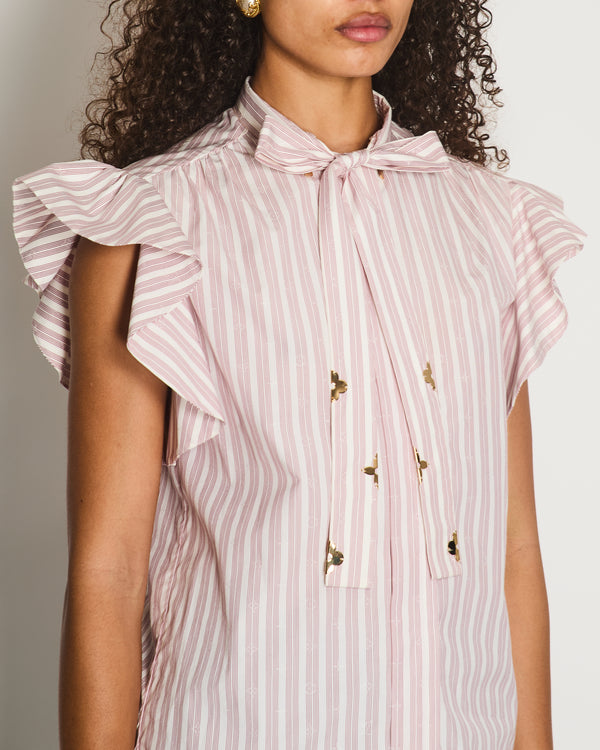 Louis Vuitton White and Burgundy Striped Monogram Printed Button Down Blouse Top with Gold Monogram Tie-Neck Detail Size FR 38 (UK 10)